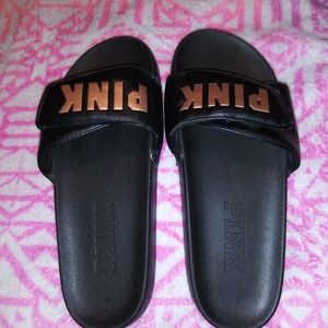 PINK Victoria's Secret Shoes - Victoria Secret (Black&Gold) slides PINK Victoria's Secret Shoes - Victoria Secret (Black&Gold) slides